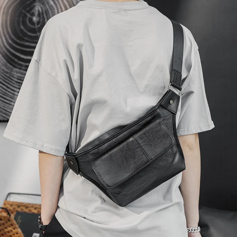 Retro Black Men Chest Pack Fashion Waterproof PU Leather Waist Bag Male All-Match Shoulder Crossbody Bags