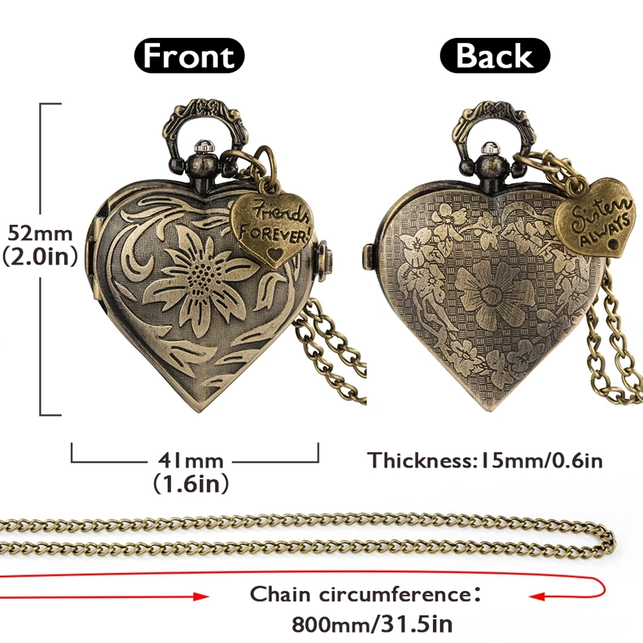 Old Fashioned Bronze Love Heart-shaped Quartz Pocket Watches Pendant Clock with 80cm Necklace Chain with Heart Accessory