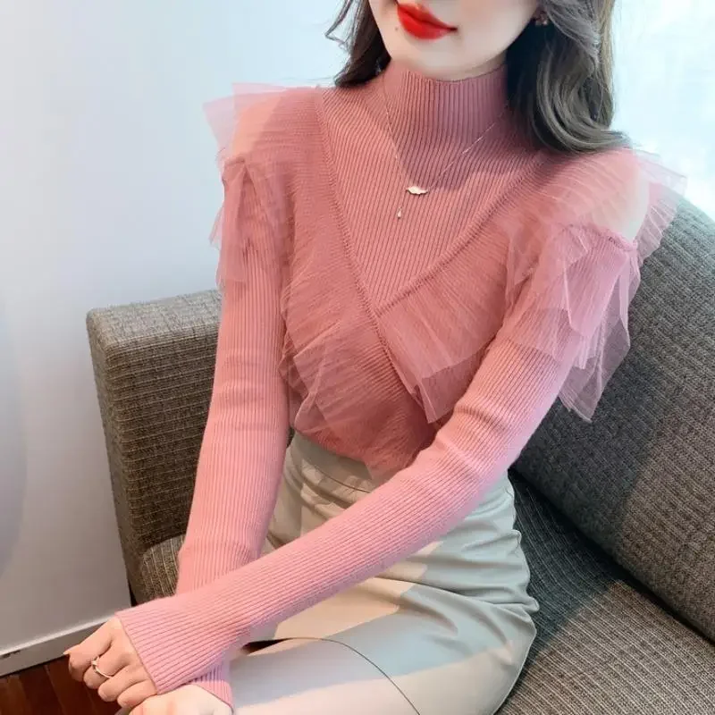 Ladies Pullovers Pink Coquette Slim Fit Splicing Mesh Women's Knit Sweater Turtleneck Clothing Sales Winter 2024 Original Trend