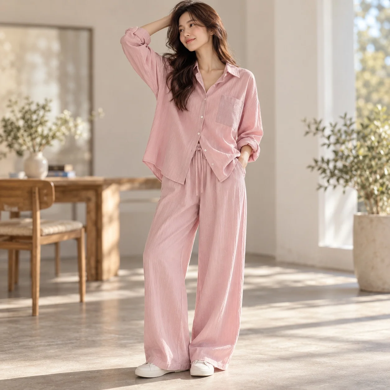 High Waist Loose Fit Pants Set with Elegant Commuting Autumn Full Length Pocket British Style Shirt Sleeve Patchwork Women Sets