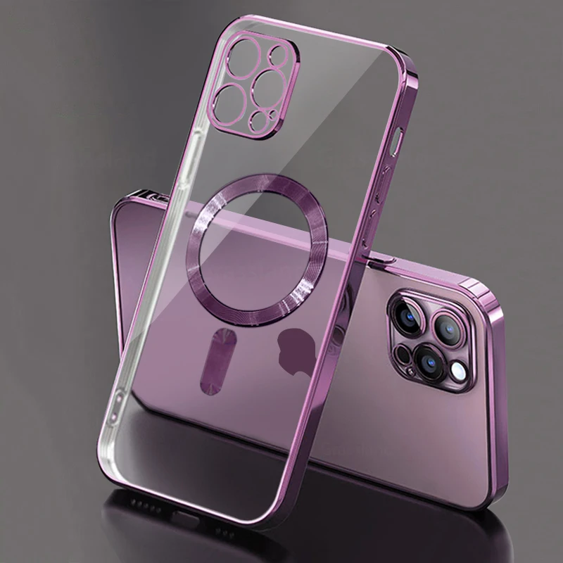 럭셔리 도금 투명 마그네틱 마그세이프 무선 충전 케이스 아이폰 11 13 12 14 프로 XS 맥스 X XR 8 플러스 소프트 실리콘 커버