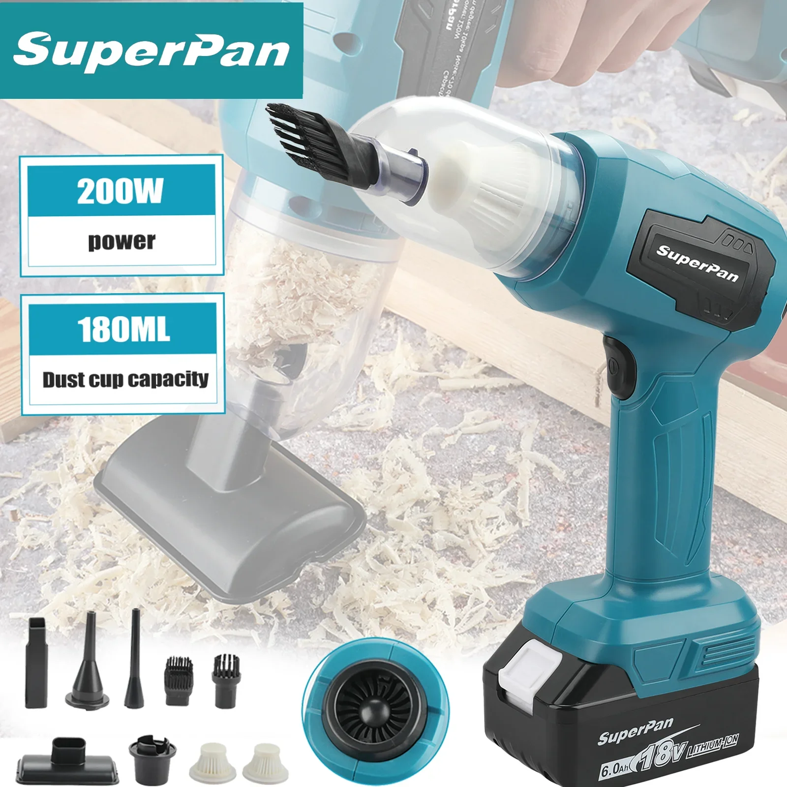 

Мини-электрический пылесос Superpan с сильным всасыванием, беспроводной ручной домашний пылесос с 7 насадками для батареи Makita 18 В