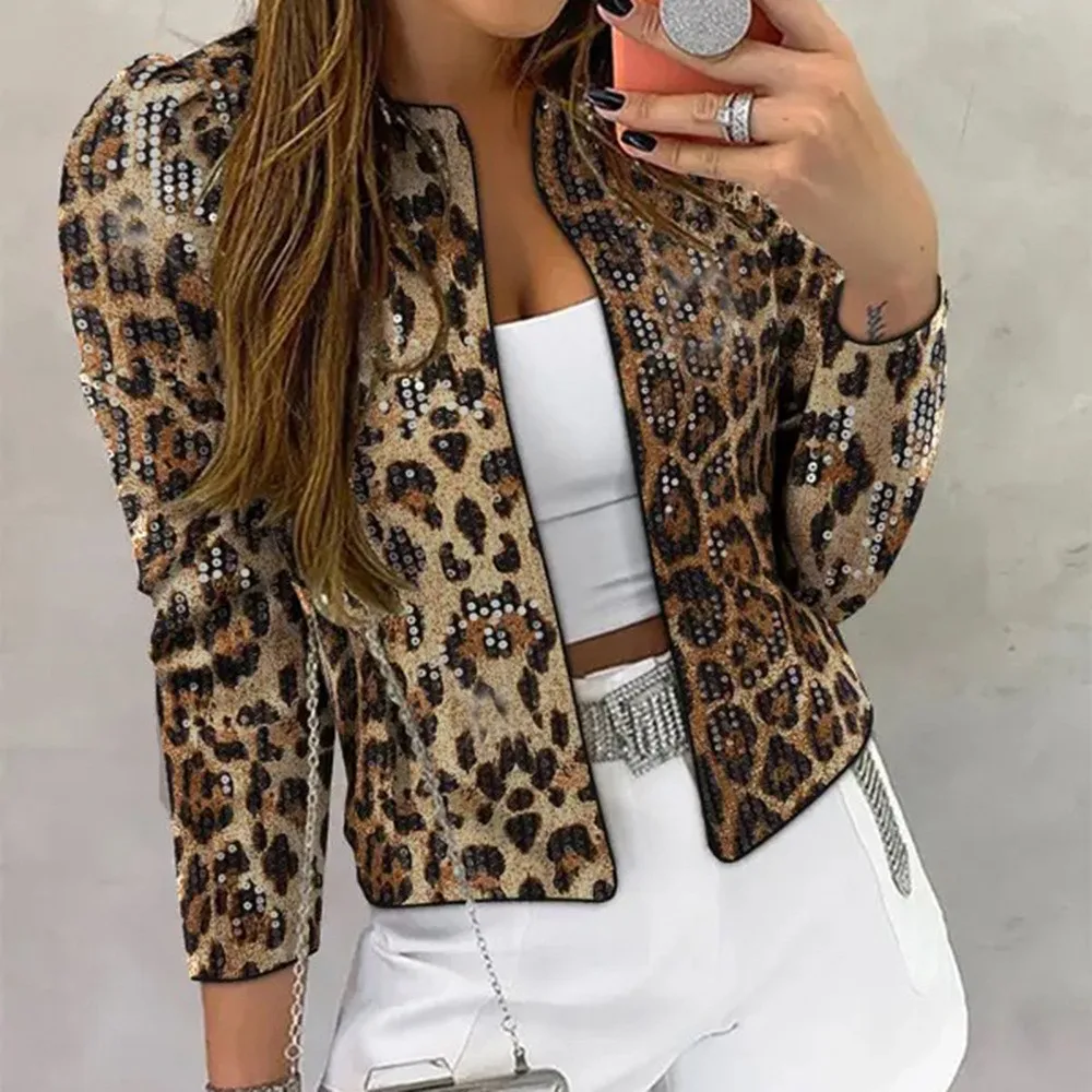 Women Fitted Jacket Leopard Print Blazer Puffed Shoulder Suit Jacket Sequin Embellished Casual Jacket Short Length Long Sleeve