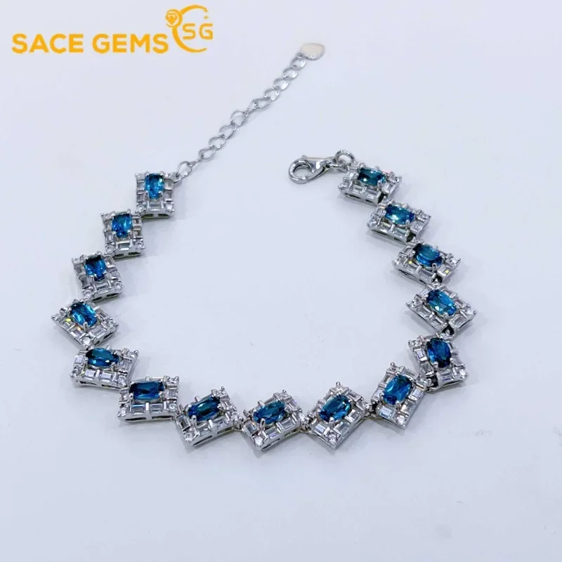 SACE GEMS Luxury 925 Sterling Silver 3*5MM Natural London Blue Topaz Bracelrts for Women Engagement Cocktail Party Fine Jewelry