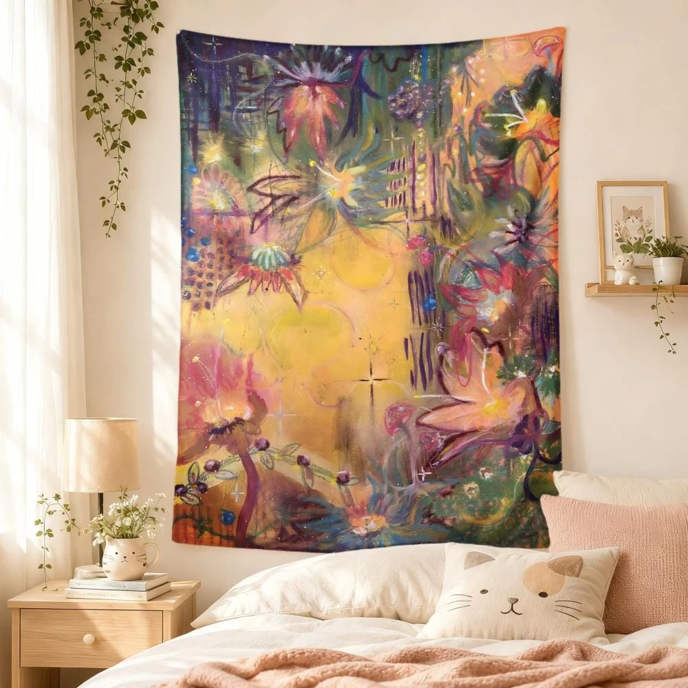 1pc Abstract Watercolor Floral Tapestry, Golden Background Oil Painting Flower Art Wall Hanging, Bedroom Decor, Polyester 2D Pr