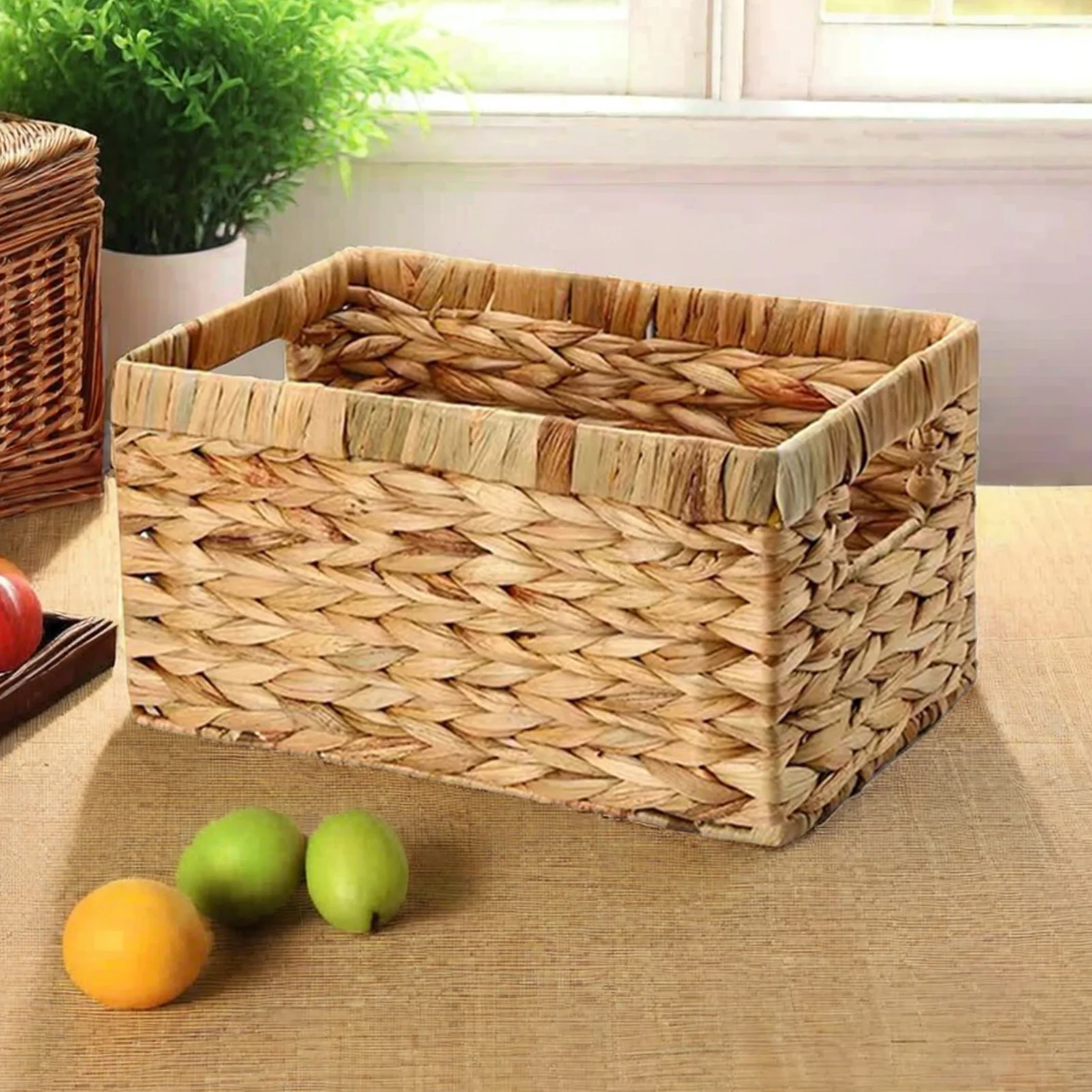 

Rustic Rectangular Woven Basket Convenient to Use with Sturdy Handles Design for Living Room Porch Balcony