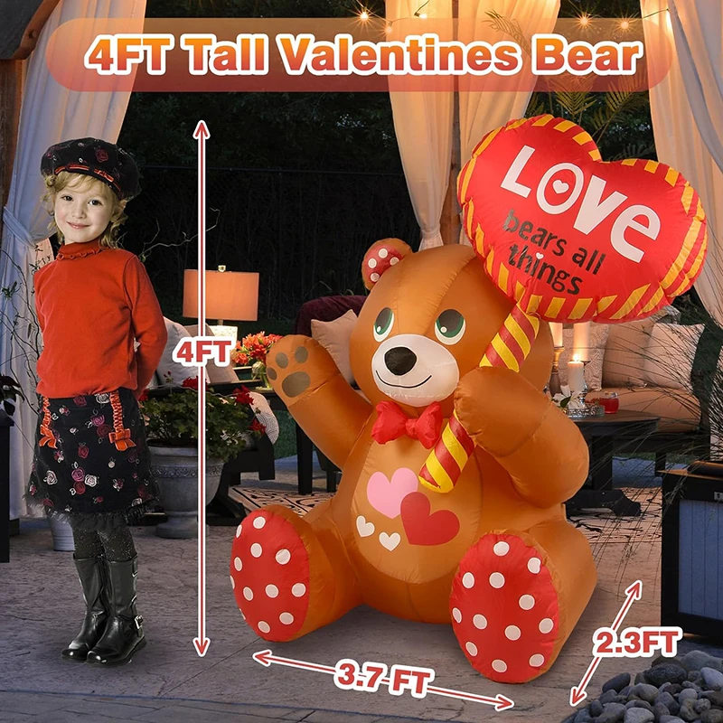 Valentines Inflatable Yard Decoration 4FT Bear with Love Sweet Heart Romantic Cute Outdoor Toys Blow up Wedding Day Decorations