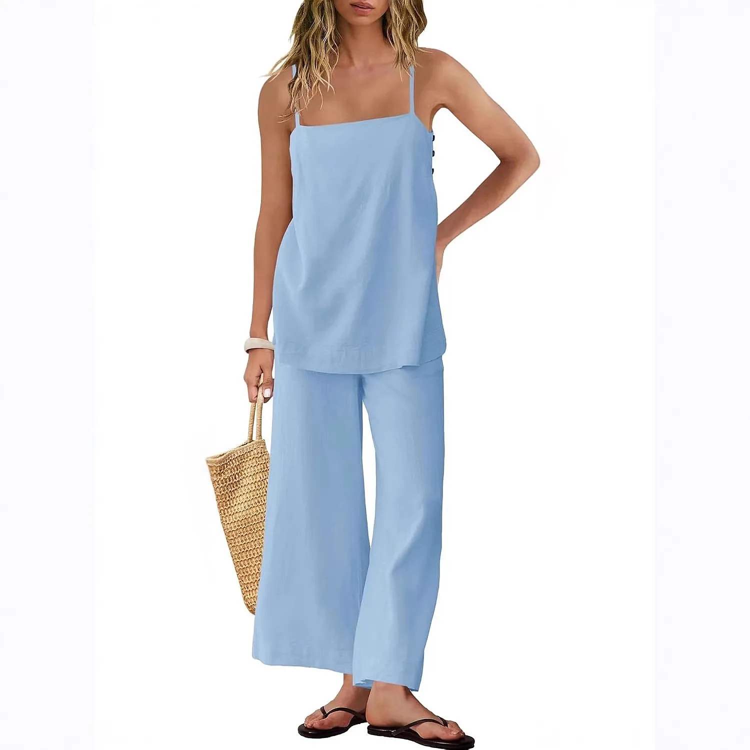 Women's Fashion Loose Casual Camisole Tank Top and Long Pants Matching Set for Spring Summer