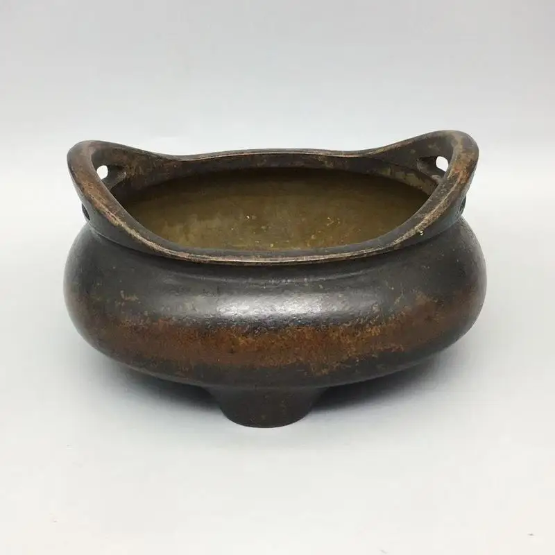 Exquisite vintage copper three-legged , ingot incense burner, decorative piece for home, study, and living room