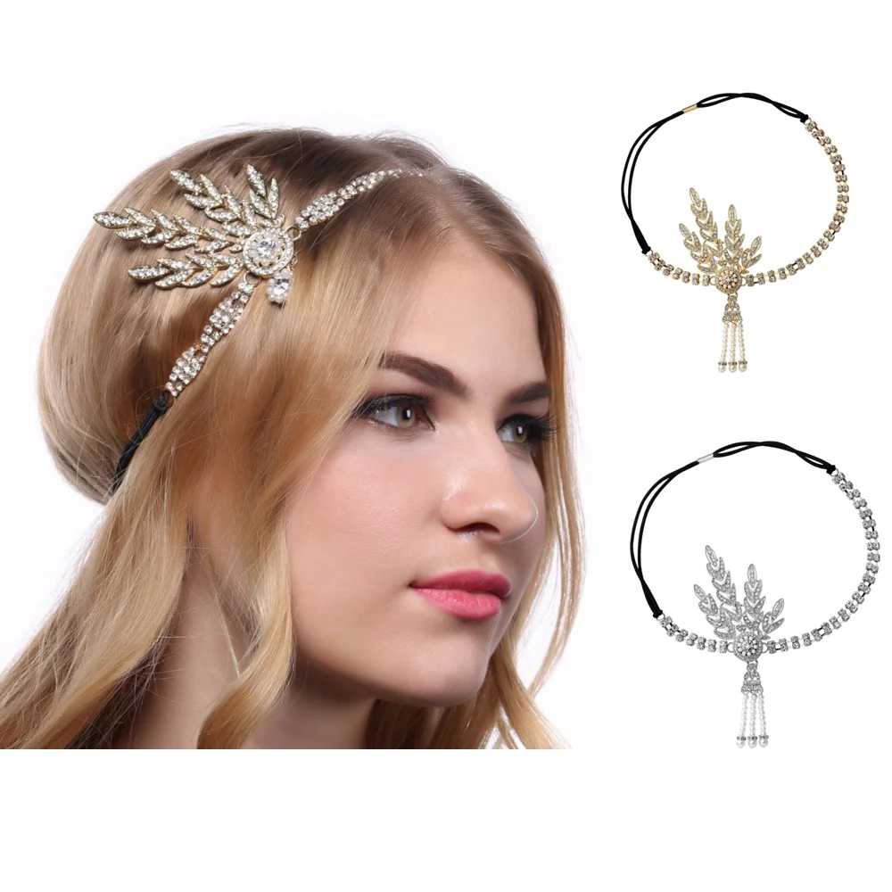 Vintage 1920s Great Gatsby Headband Flapper Girl Fancy Party Costume Hair Accessories Stone Pearl Bridal Headpiece Set