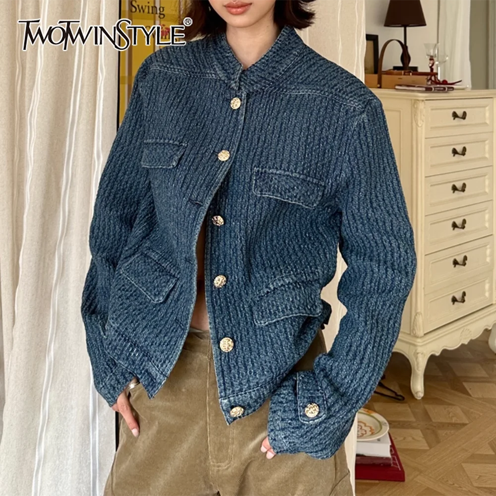 

TWOTWINSTYLE синяя куртка с карманами, женская водолазка с длинным рукавом, лоскутная однобортная женская куртка, осенняя мода