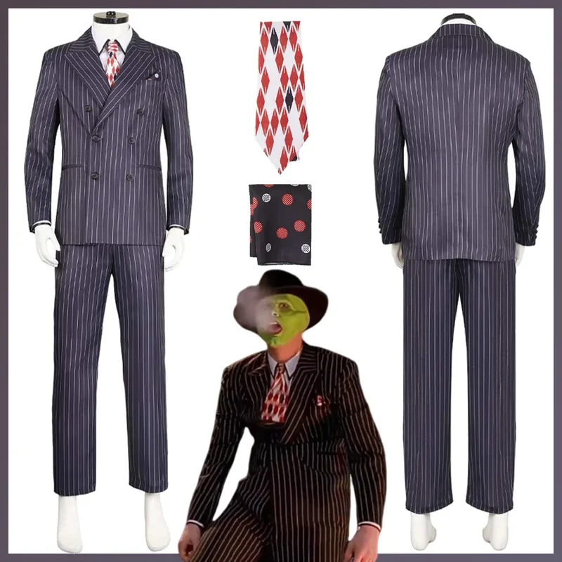 

FC6Jim Movie Mask Costume Disguise Stanley Cosplay Fantasy Black Striped Suit Adult Men Roleplay Fantasia Outfits Male Hall@FC8！