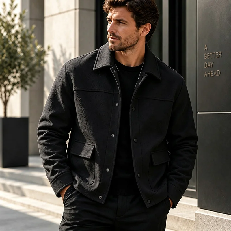 Men's Short Brushed Shirt Jacket Long Sleeve Snap Button Loose Fit Soft Warm Casual Outerwear for Everyday Wear Autumn Winter 8