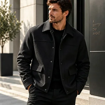 Men's Short Brushed Shirt Jacket Long Sleeve Snap Button Loose Fit Soft Warm Casual Outerwear for Everyday Wear Autumn Winter 8