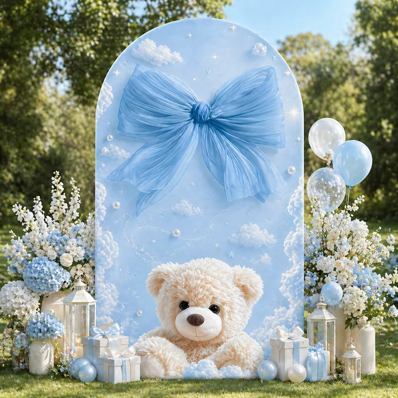 

Blue Bow Teddy Bear Arch Backdrop Cover, Cloud & Star Theme Fabric Cover for Baby Shower Kids Girl Boy Birthday Party Decoration