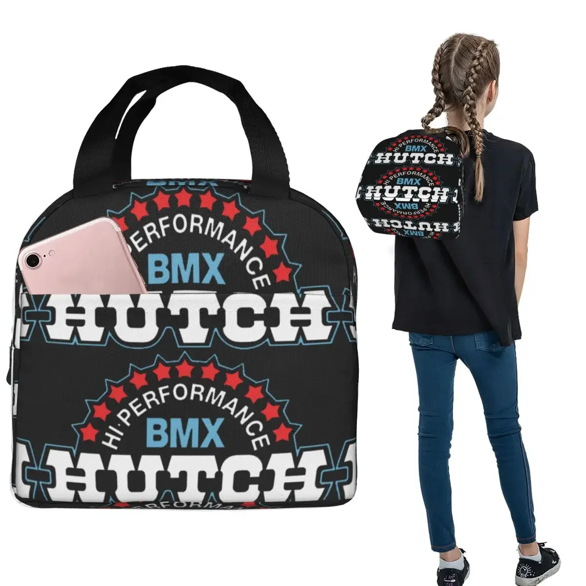 Hutch Hi-Performance BMX Rot Weiß Blau Schwarz Tim Judge Isolierte Lunchtasche für Damen und Kinder, Lebensmittelboxen, Thermo-Lunchbox-Tragetasche