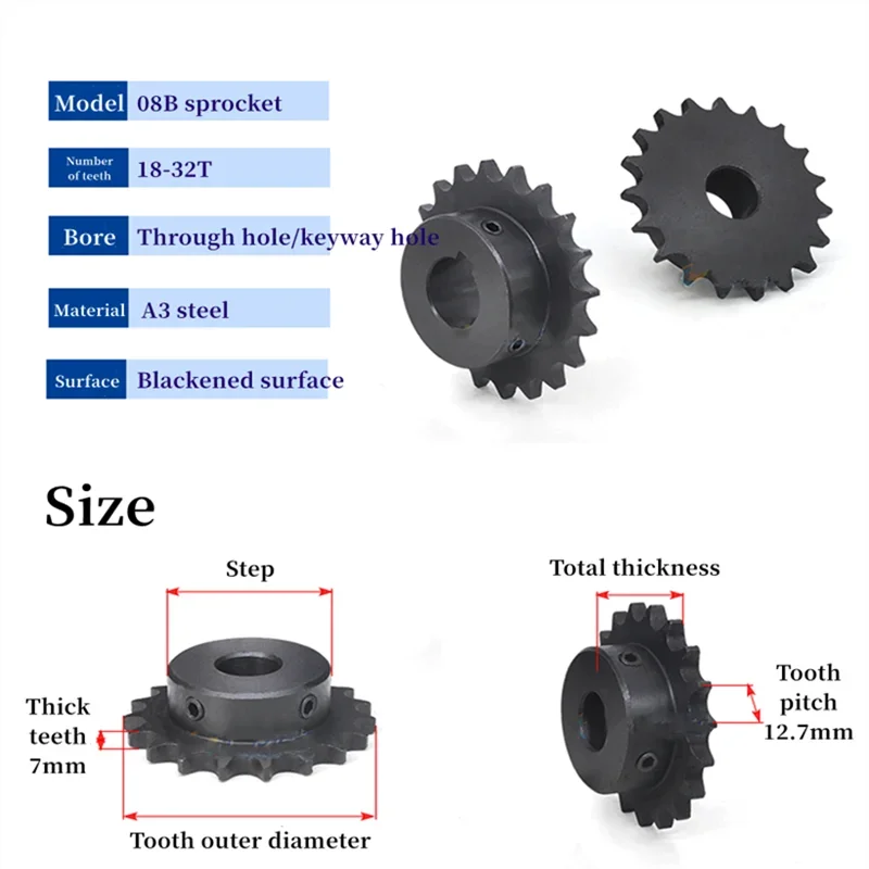 1Pcs 08B Sprocket Through-hole/Keyway hole 18-32 Teeth Pitch 12.7mm Industrial Drive Sprocket Mechanical Motor Chain Gear