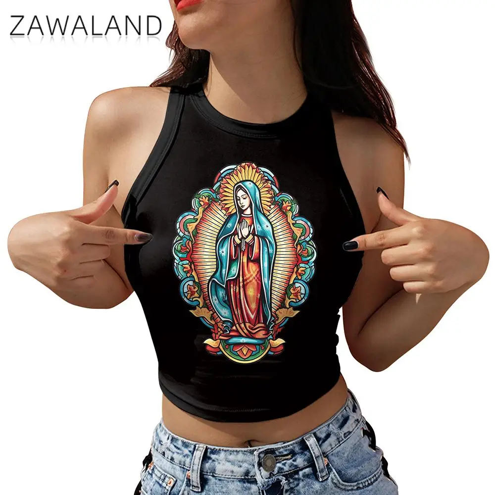 Virgin Mary Print Tank Top Our Lady of Guadalupe Slim Sleeveless Vest Y2K Mexican Faith Streetwear Summer Crop Top Tee