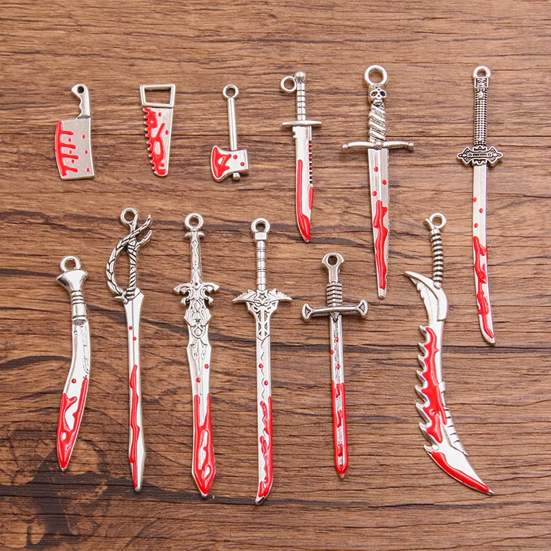 10PCS 13 Styles Mix Alloy Hallween Masquerade Party Game Performance Supplies Prank Scary Props Sharp Bloods Knife Sword Pendant