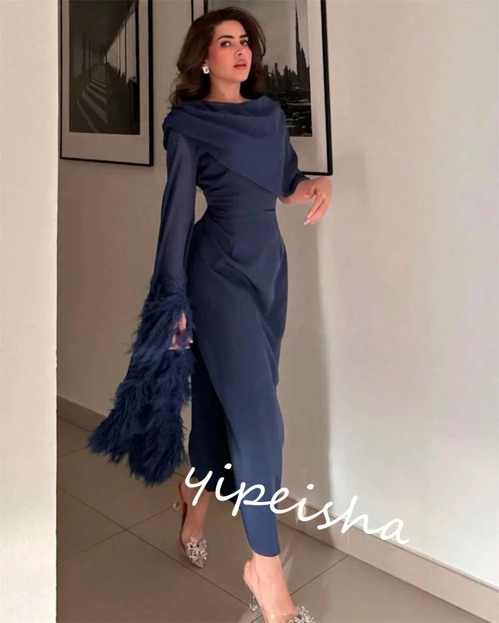 Berkualitas tinggi berkilau indah Jersey bulu dilipat pesta pernikahan A-line Off-the-shoulder Bespoke acara gaun Midi Gaun