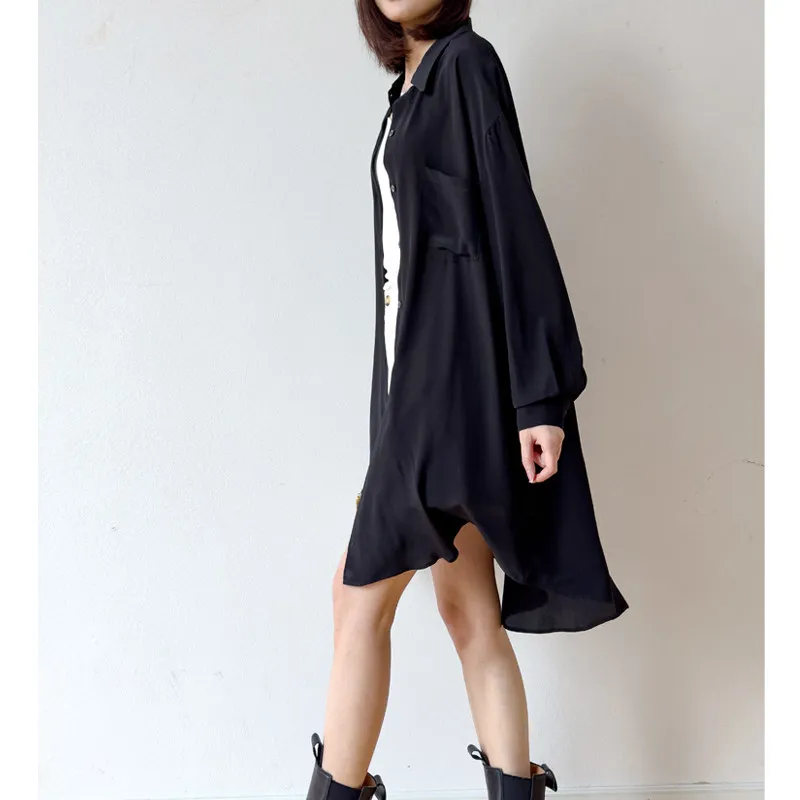 

Women Long Type Shirt Cardigan 100% Mulberry Silk Buttons Down Long Sleeve Black Color Coat Blouse Top Summer Beach M1382