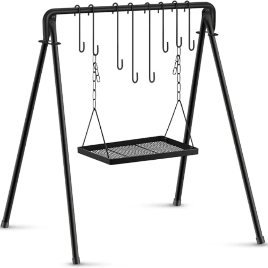 

Campfire Swing Grill Stand Adjustable Campfire Cooking Equipment Camping Accessories Cookware Hanging Rack with 8 Hooks and Por