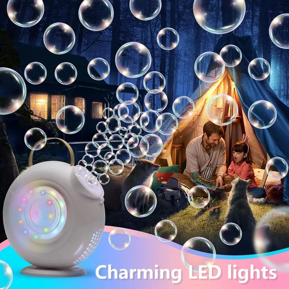 Máquina de bolhas automática portátil recarregável 360 °   Brinquedo giratório divertido ao ar livre para crianças
