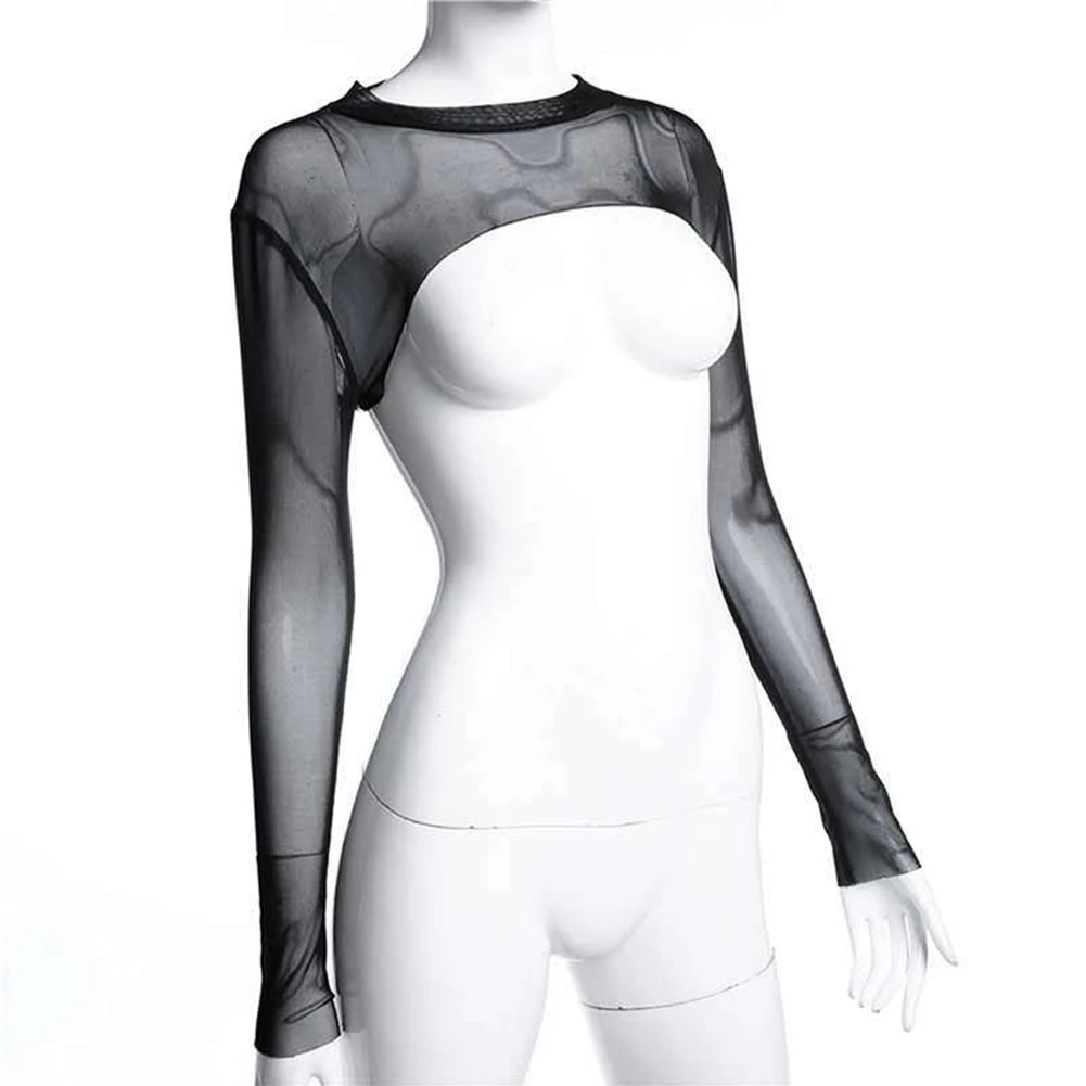 Woman Long Sleeve Mesh T-shirts Ladies See Through Sexy Sheer Solid Color Tee Tops Tee Tops.Shrug Pullovers Transparent Fashion