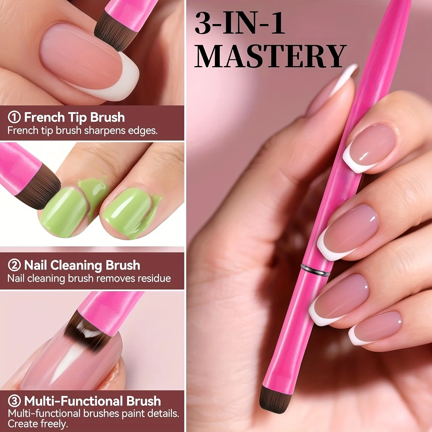 Cepillo de uñas francés 3 en 1, con cabezal de cepillo multifunción: cepillo de uñas fino, adecuado para uñas de gel y acrílico, limpieza precisa