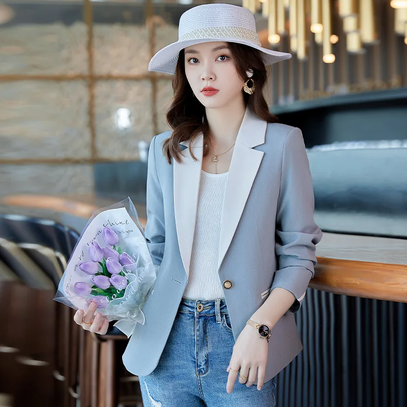 High quality blazer for women long sleeve jacket one button notched collar autumn 2025 elegant office clothes khaki white blue