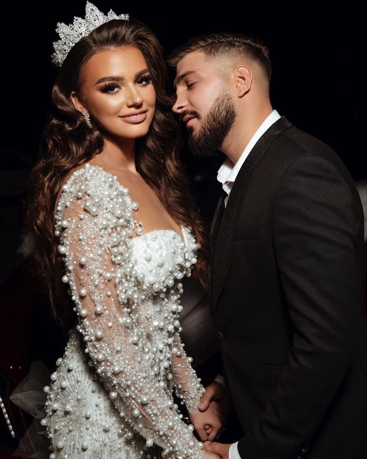 Pearls Beading Mermaid Wedding Dress O Neck Long Sleeve Side Split Vestido Casamento Bridal Gowns with Detachable Train