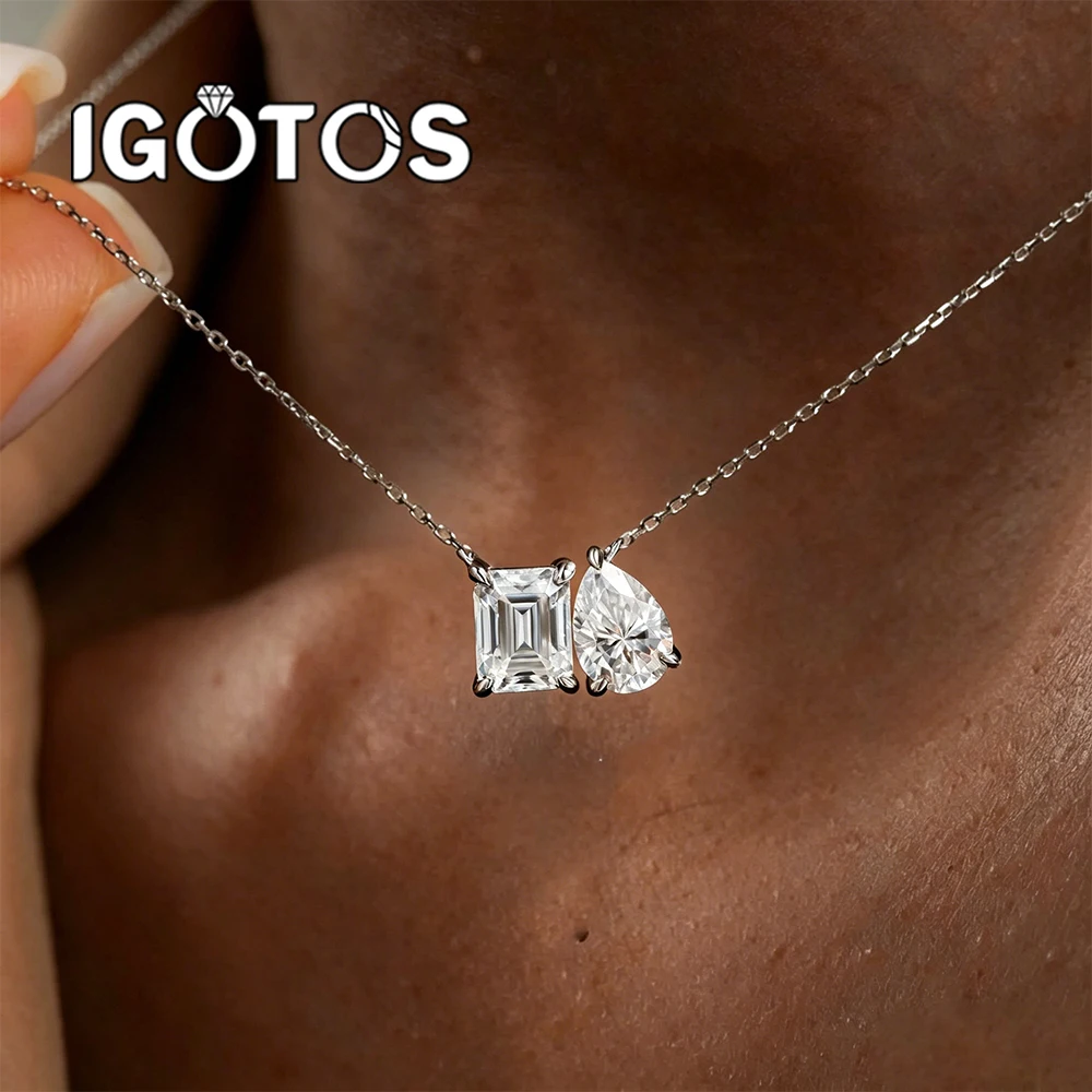 2-5cttw Radiant/Emerald Pear Cut Moissanite Diamond Pendant Necklace for Women 925 Sterling Silver 2 Stone Clavicle Neckchain