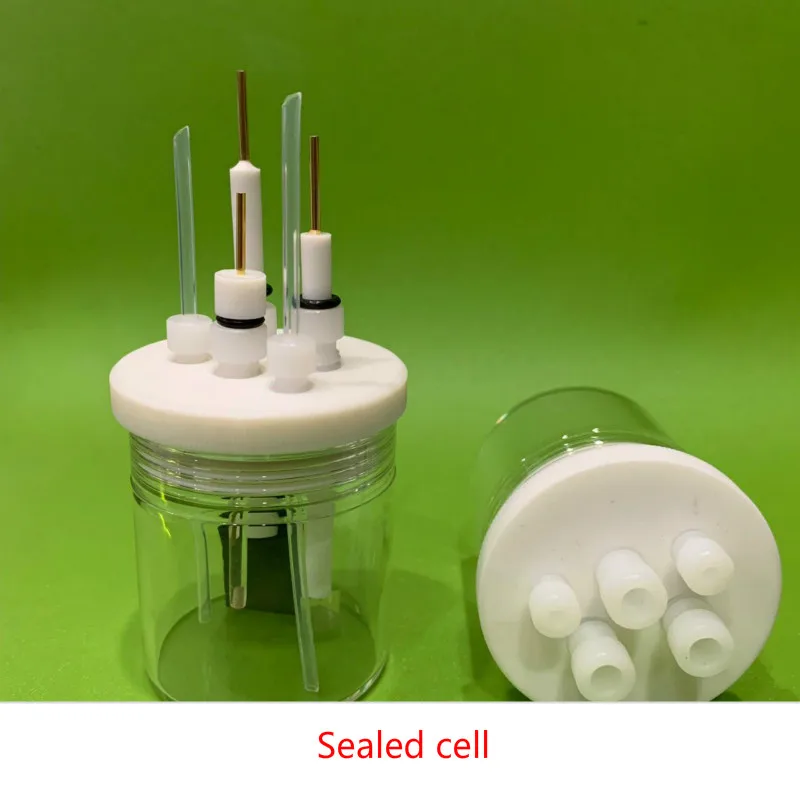 Electrolytic cell. C001 sealed cell. Straight five port sealed electrolyzer. Three electrode electrochemical cell.