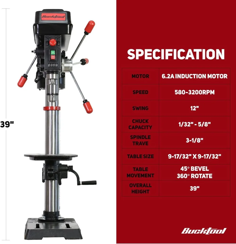 Prensa de broca de bancada profissional de 12 POLEGADAS 6,2A, 3/4HP poderosa, prensa de broca de velocidade variável com laser IIIA e luz de trabalho