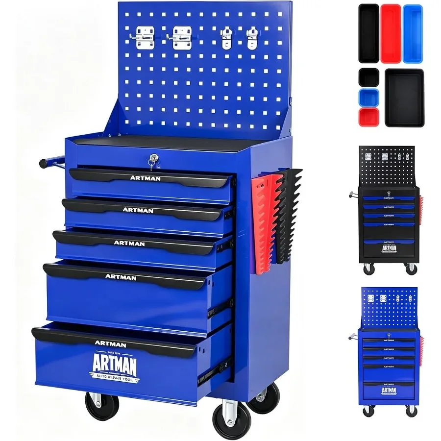 5-Drawer Rolling Tool Chest with Pegboard, Lockable for Garage