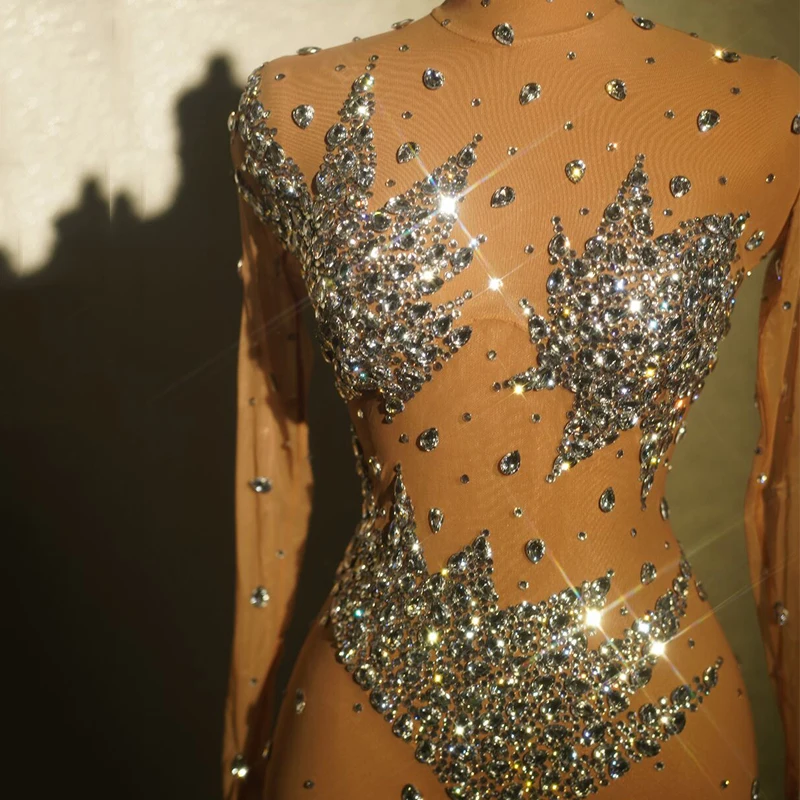 Full Rhinestones High Collar Jumpsuit Women Halloween Nightclub Dj Ds Party Outfit Pole Dance Gogo Wear Drag Queen Costume 8188