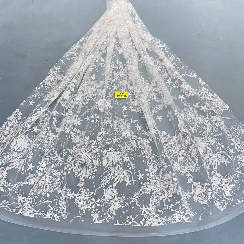 2024 Silver Lace Large Flowers Glittering Mesh Fabric Stamping Silver Spray Wedding Dress Fabric Bottom Material 150CM Wide