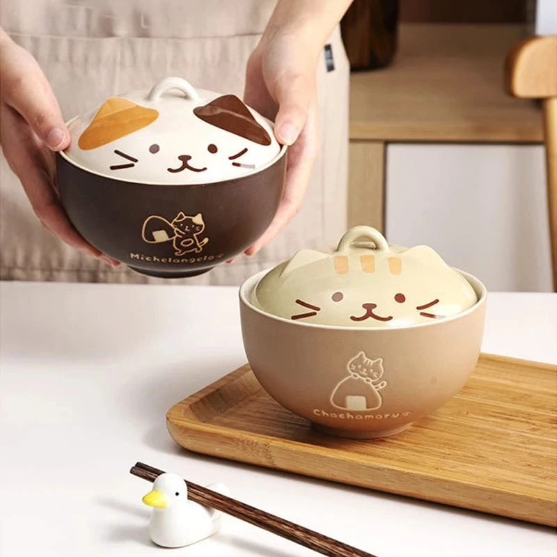 Tigela De Sopa De Cerâmica Criativa Japonesa Com Tampa, Animais Bonitos Dos Desenhos Animados, Gato, Macarrão Instantâneo Doméstico, Tigela De Arroz, Louça
