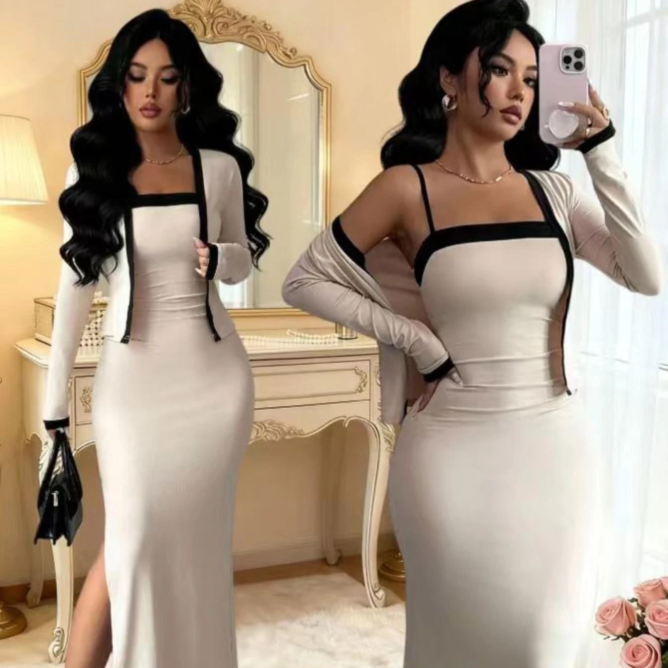 Color Block Two Piece Outfit Women Long Sleeve Cardigan with Spaghetti Strap Midi Dress Party Commuter Suit