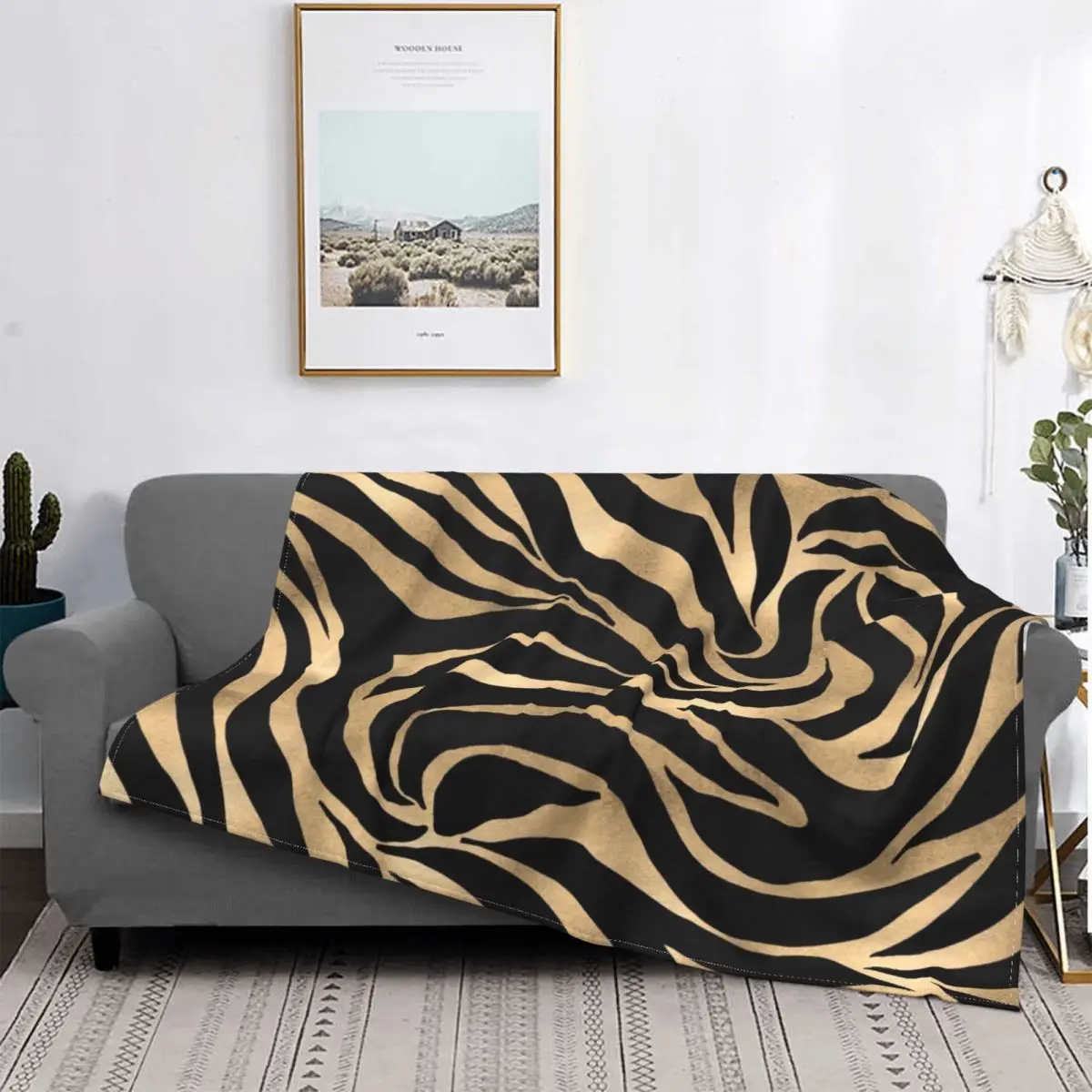 

3D Printed Elegant Metallic Gold Zebra Black Print Plush Blanket Animal Skin Texture Custom Home Blanket