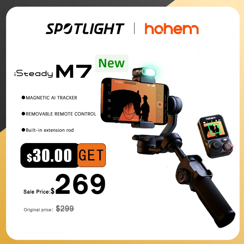 Hohem official-website isteady М7 Stabilizer Ai Face Tracking 3-Axis Phone Gimbal Built-in Selfie Stick iPhone16/Samsung Gimbal