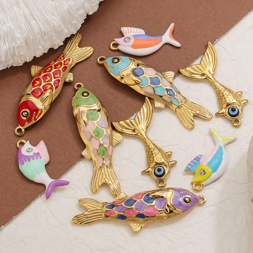 2-3pcs 스테인레스 스틸 귀여운 황금 에나멜 물고기 매력 Bohe DIY 쥬얼리 여성을위한 액세서리 만들기 목걸이 귀걸이 도매