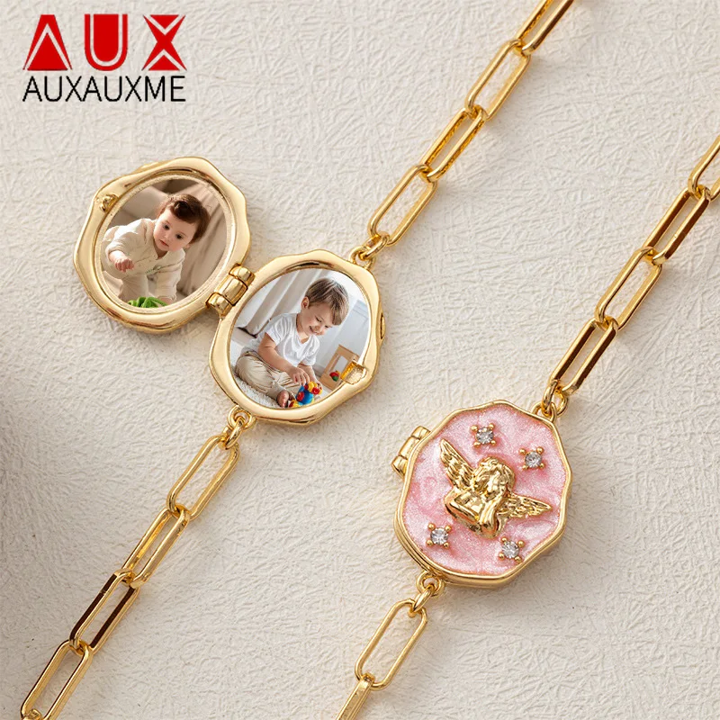 Auxauxme Custom Retro Album Box Locket Angel Bracelet for Women Personalized Colorful Photo Oval Openable Charm Bracelet Jewelry