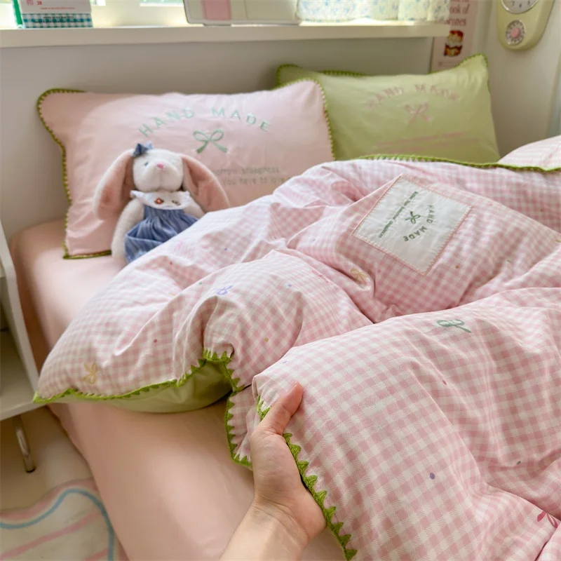 

Комплект постельного белья из чистого хлопка Dr Pear Cry Guava в клетку, четыре предмета: пододеяльник, простыня, наволочки, балдахин