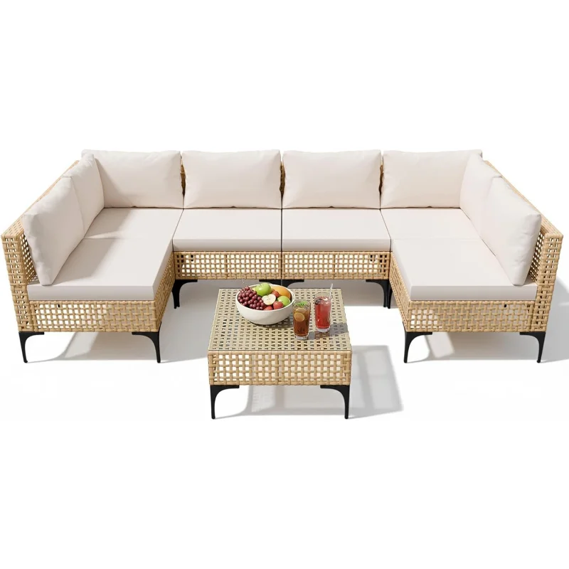

2026：Patio Furniture Set,Pieces Outdoor Wicker Sectional Couch with Thick Cushions &Glass Tabletop, PE Rattan Backyard