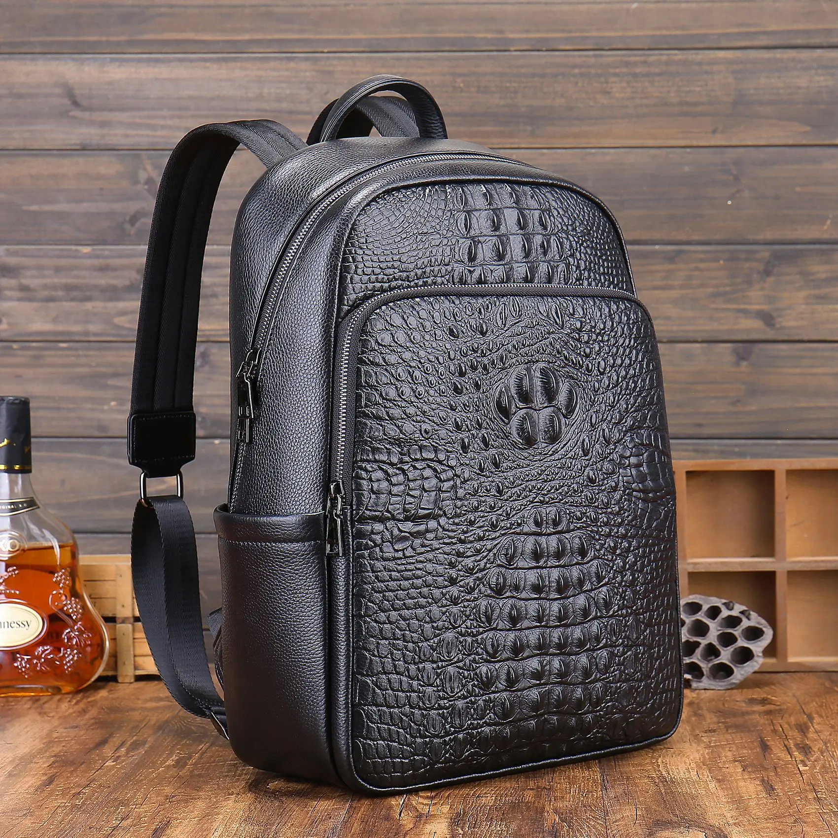 Cow Genuine Leather Men Backpacks Alligator Fashion Real Natural Leather Student Backpack Luxury Brand Large Computer Laptop Bag