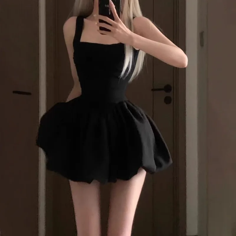 

Women Bubble Halter Mini Dress Summer Elegant Sleeveless Robe Backless Evening Party Club Short Dress Y2K Solid Color Streetwear