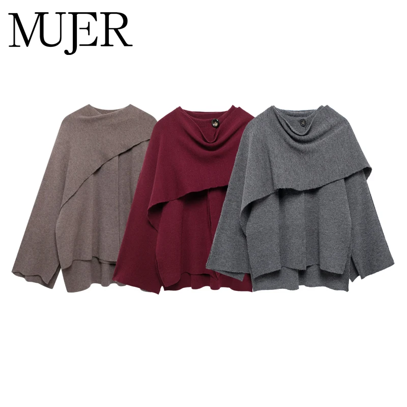 

MUJER Cape Coat Women Scarf Collar Ponchos Women 2025 Shawl Long Sleeve Winter Woman Ponchos Cloak Knitted Cardigan for Women