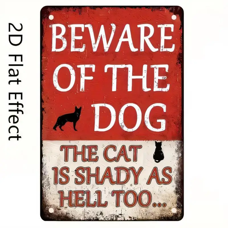 2D Flat Effect Vintage Tin Sign, Beware of Dog & Shady Cat Humorous Design, Red-White Retro Metal Wall Art, Iron Material, Perfe