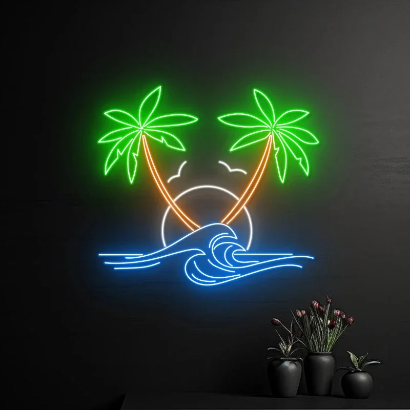 Imagem -03 - Sun Ocean Waves Palmeira Neon Sign Luz Led Feriado Ilha do Mar Praia Pool Party Decorações da Parede do Quarto Feriado